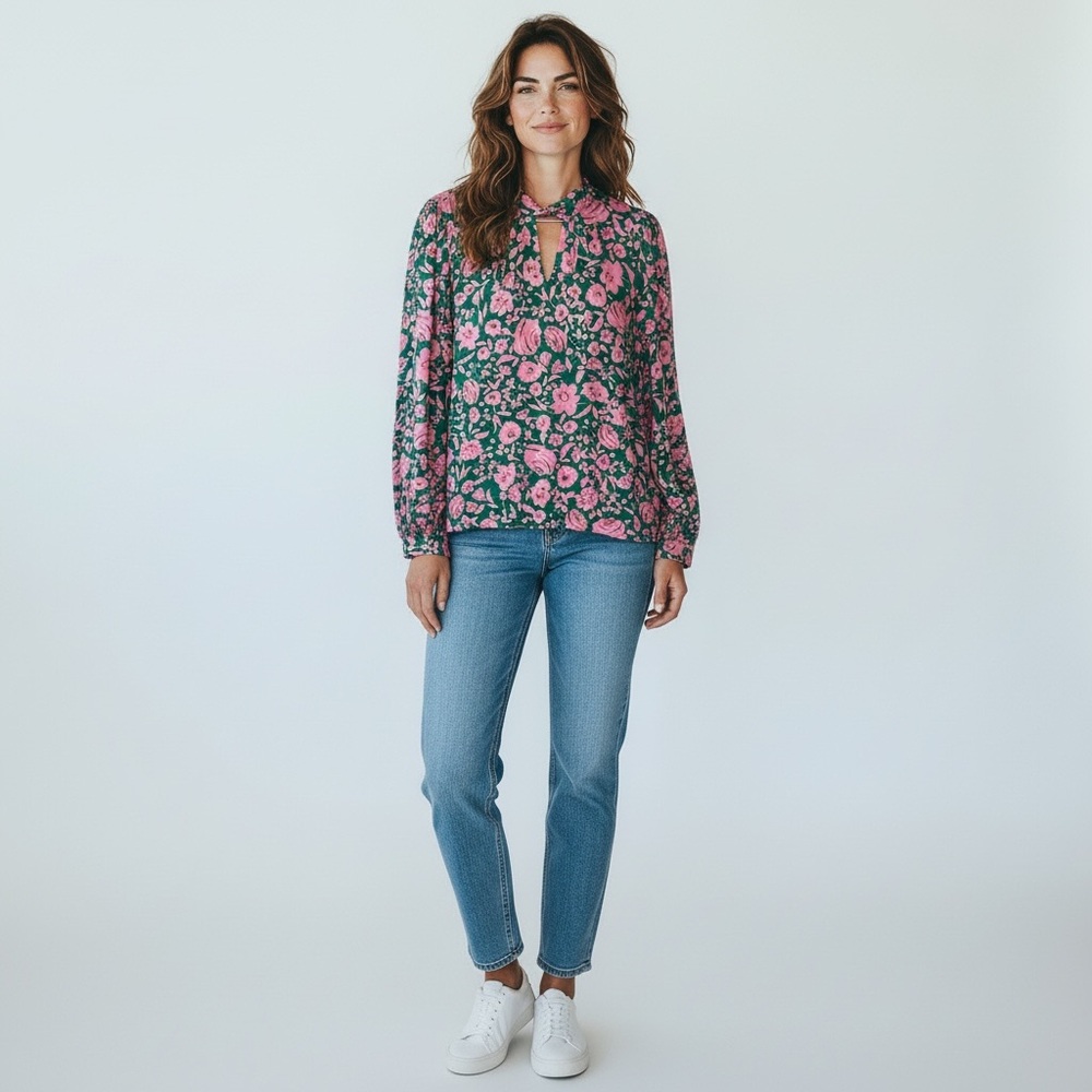 ESQUALO Pink and Green Floral Blouse long sleeve size14